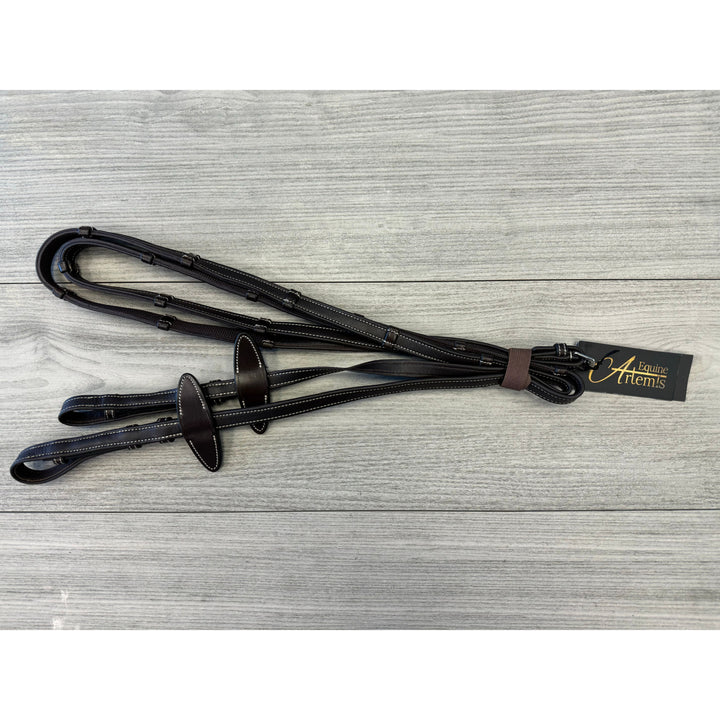 SALE Soft Leather/Rubber Reins with Handstops French Hooks Dark Brown/Cream Full - 12026-8