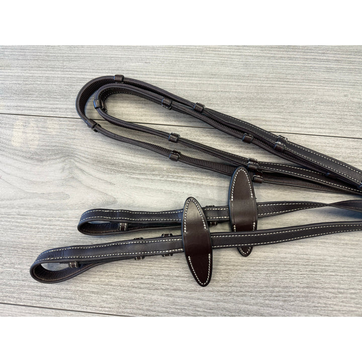 SALE Soft Leather/Rubber Reins with Handstops French Hooks Dark Brown/Cream Full - 12026-8