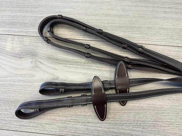 SALE Soft Leather/Rubber Reins with Handstops French Hooks Brown/Cream 12026-8