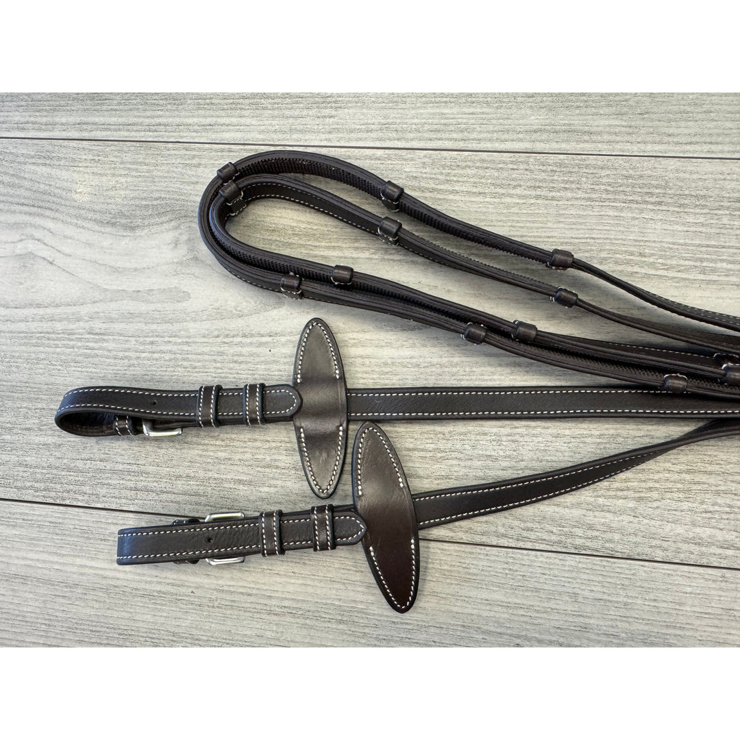 SALE Soft Leather/Rubber Reins with Handstops Buckles - Dark Brown/Cream - Full - 12025-8